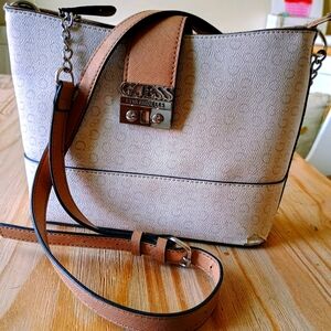 Leather Guess Shoulder Bag Tan and White